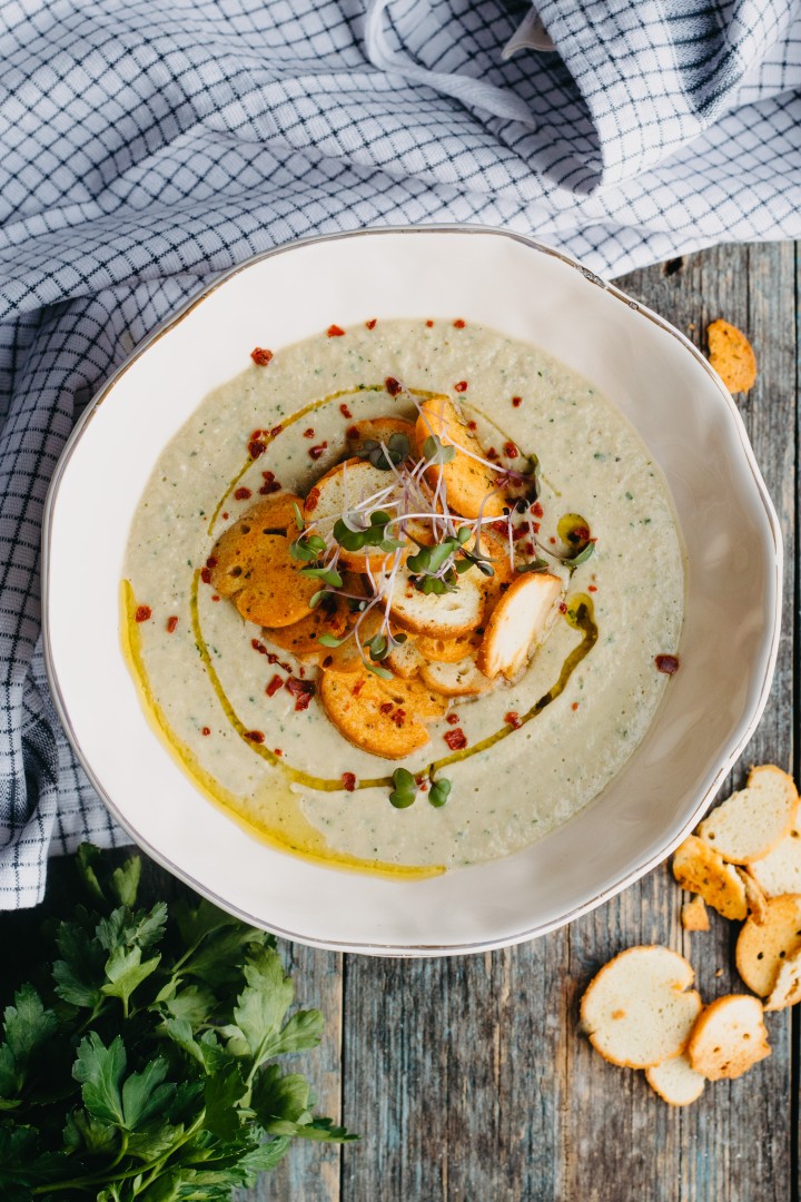 Pumpkin cream soup with walnuts